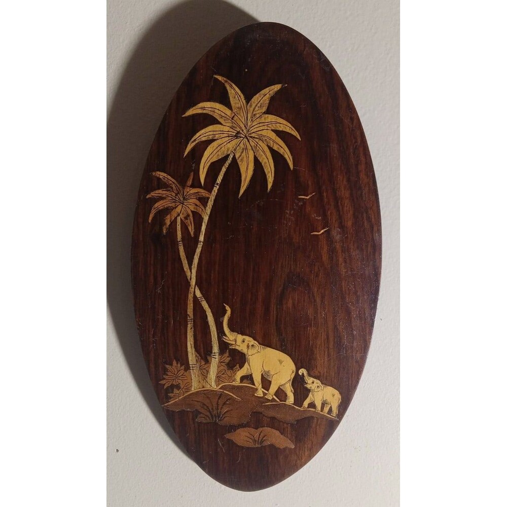 Vintage Wooden Marquetry Wood Inlay Art Plaque Elephants Scene # 3/1779